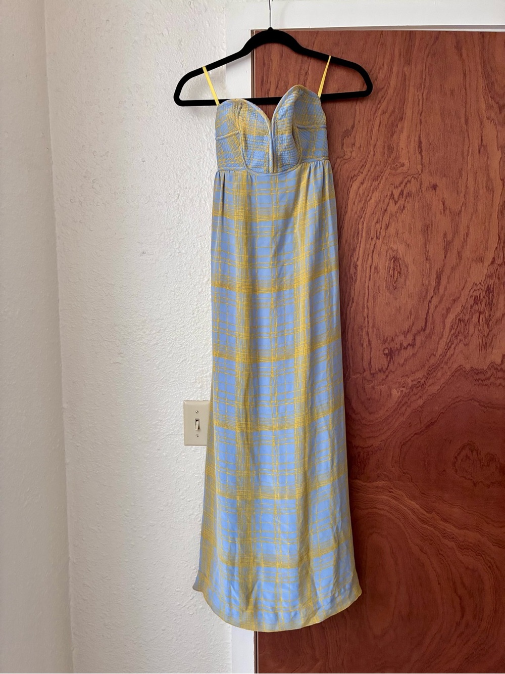 Anthropologie Strapless Plaid Maxi Dress in Light Blue & Yellow